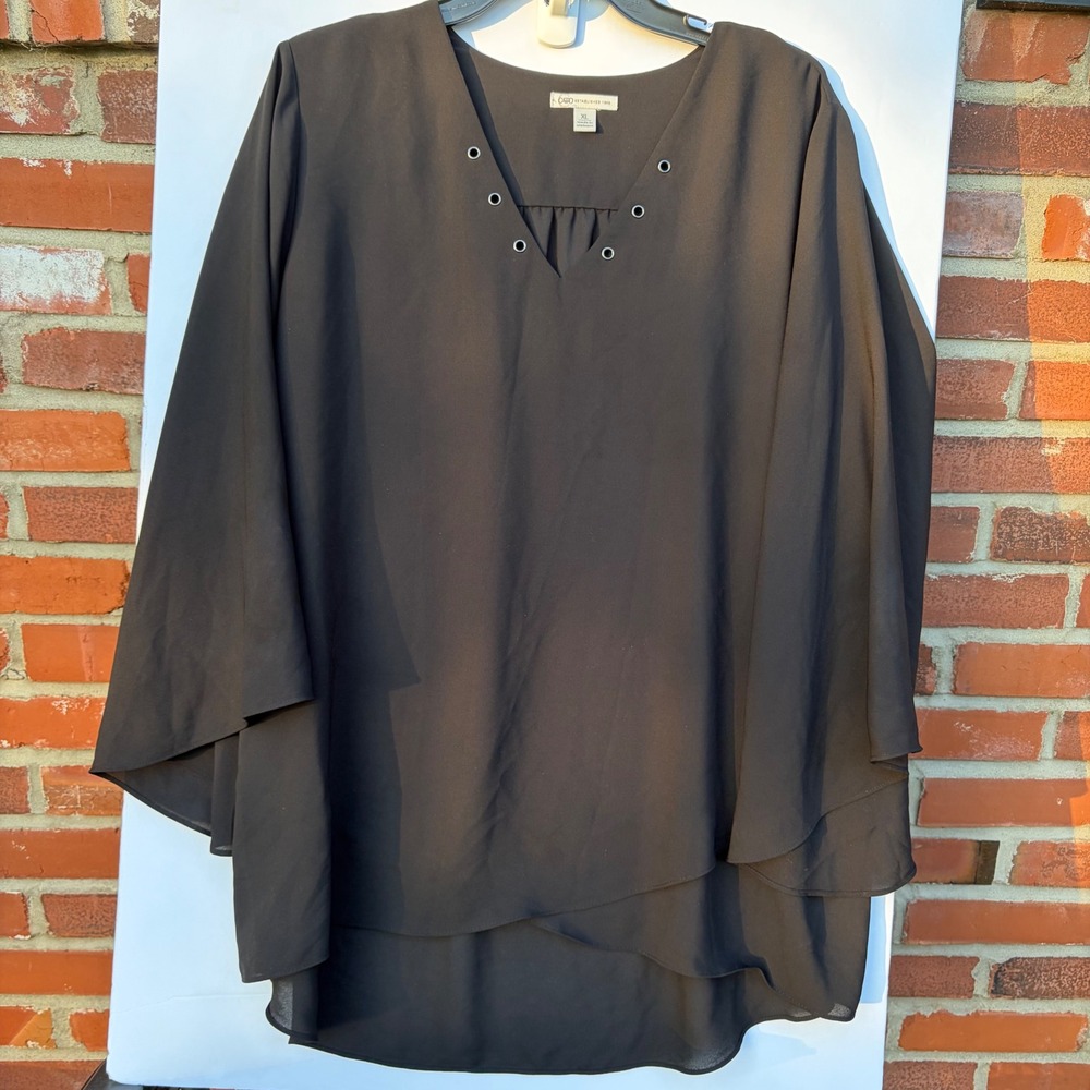 Cato Women‎ XL Black Grommet V-Neck Bell Sleeve High-Low Chiffon Blouse Top